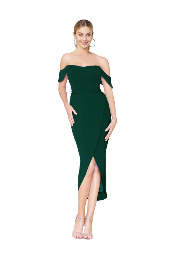 Affordable Stretch Crepe Midnight Green Mermaid Off the Shoulder Knee Length Wedding Party Dress UK