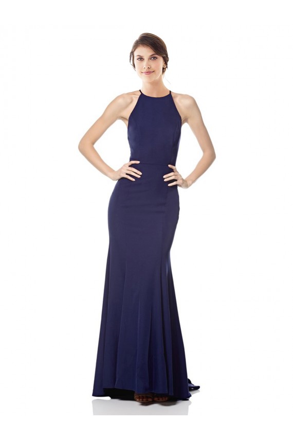 Affordable Stretch Crepe Navy Blue Mermaid Halter Neck Long Sleeveless Evening Dress UK