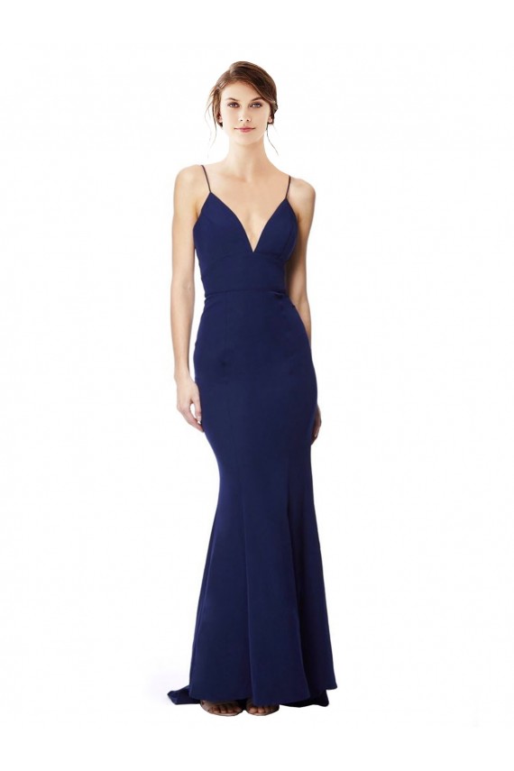 Affordable Stretch Crepe Navy Blue Mermaid Spaghetti Straps Long Maxi Evening Dress UK