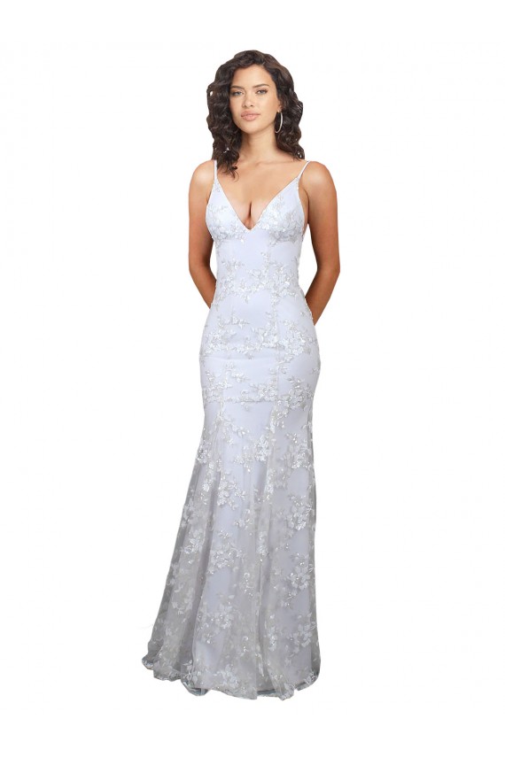 Affordable Stretch Crepe & Sequin Tulle White Mermaid V-Neck Long Evening Dress UK