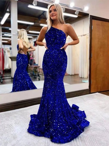 Affordable Velvet Sequin Royal Blue Mermaid One Shoulder Sweep Train Evening Dress UK
