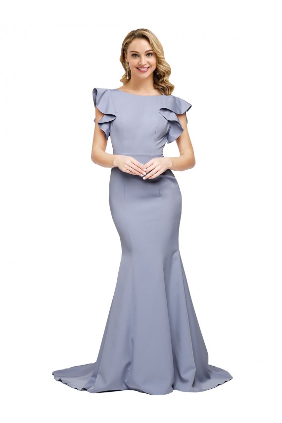 Affordable Stretch Crepe Smoke Blue Mermaid Round Neck Sweep Train Evening Dress UK