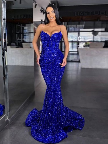 Affordable Velvet Sequin Royal Blue Mermaid Spaghetti Straps Sweep Train Evening Dresses UK