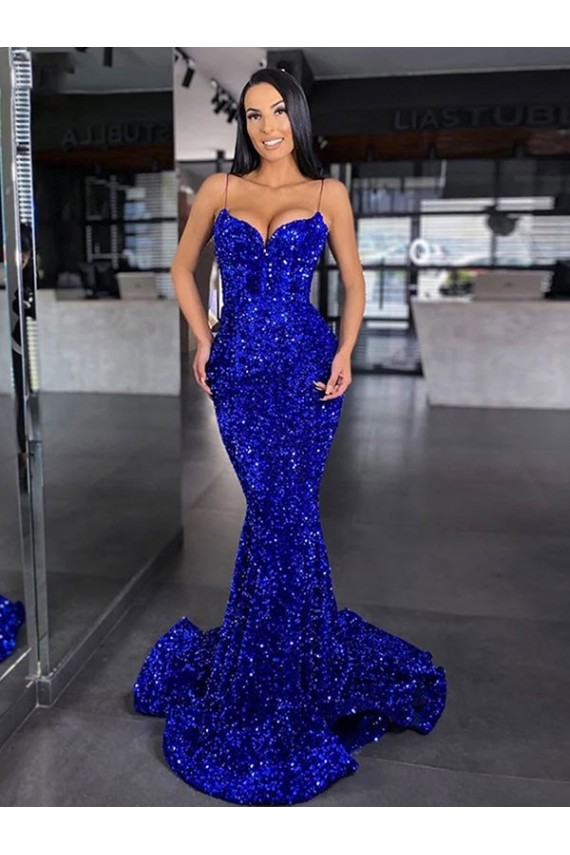 Affordable Velvet Sequin Royal Blue Mermaid Spaghetti Straps Sweep Train Evening Dresses UK