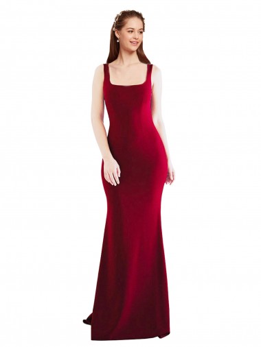 Affordable Stretch Crepe Burgundy Mermaid Square Neck Long Wedding Party Dress UK
