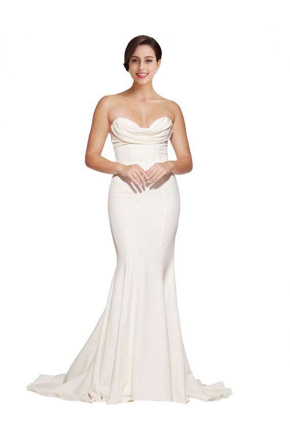 Affordable Stretch Satin Ivory Mermaid Cowl Neck Sweep Train Evening Dress UK