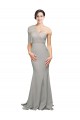 Affordable Stretch Crepe & Tulle Oyster Silver Mermaid One Shoulder Sweep Train Evening Dress UK
