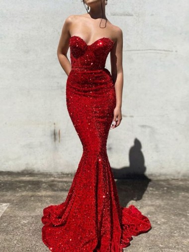 Affordable Velvet Sequin Burgundy Mermaid Sweetheart Court Train Long Evening Dress UK