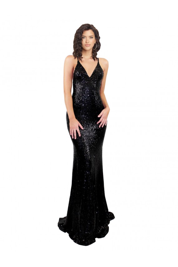 Affordable Sequin Black Mermaid V-Neck Long Sexy Evening Dress UK