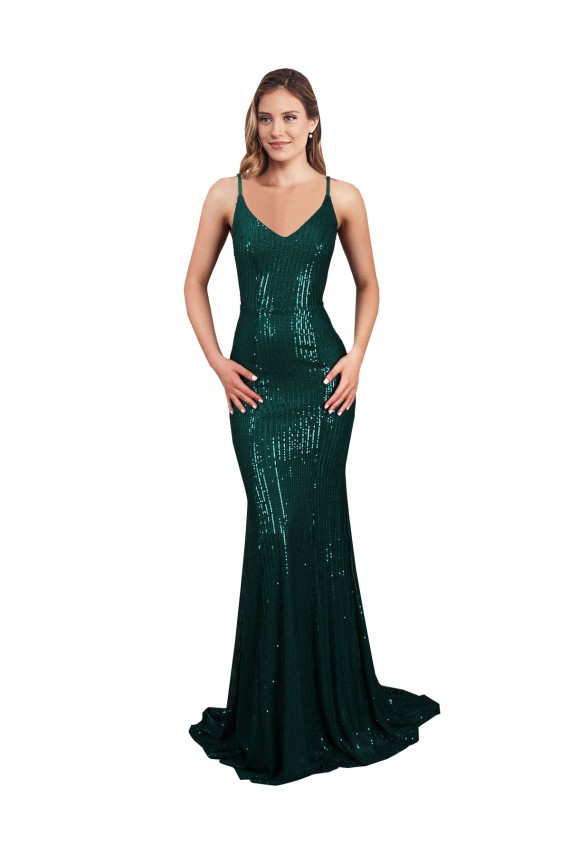 Affordable Sequin Dark Green Mermaid V-Neck Long Sexy Evening Dress UK