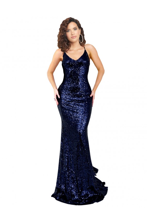 Affordable Sequin Dark Navy Mermaid V-Neck Long Sexy Evening Dress UK