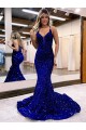 Affordable Velvet Sequin Royal Blue Mermaid V-Neck Court Train Evening Dress UK