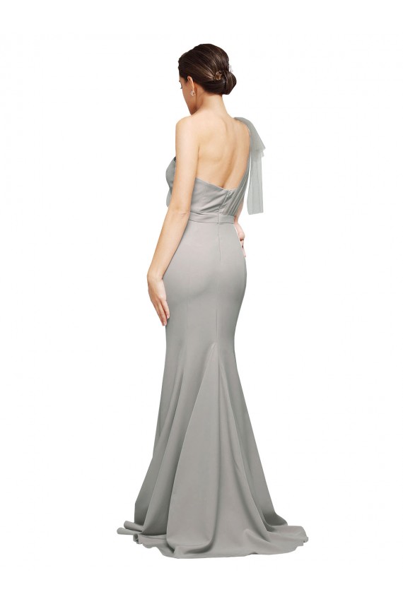 Affordable Stretch Crepe & Tulle Oyster Silver Mermaid One Shoulder Sweep Train Evening Dress UK