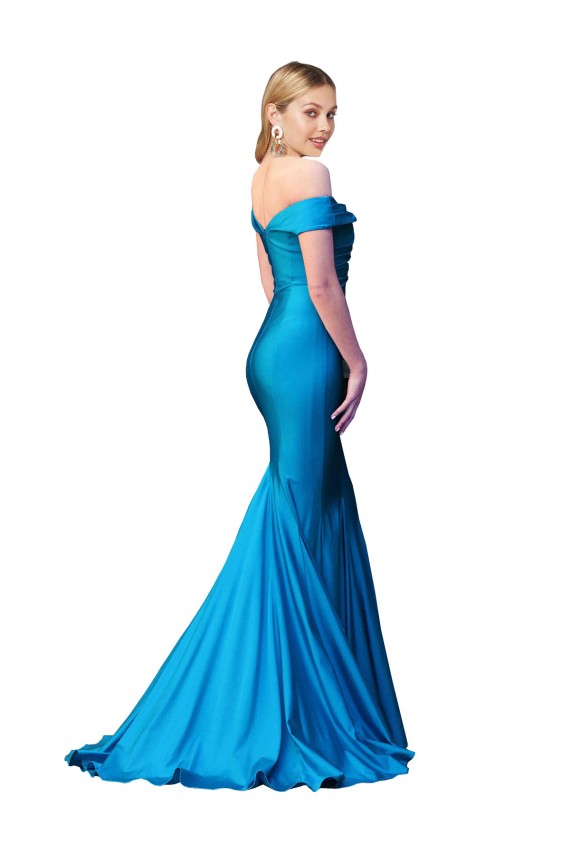 Affordable Satin Peacock Blue Mermaid Off the Shoulder Long Evening Dress UK