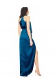 Affordable Silky Satin Peacock Blue Sheath Halter Neck Long Evening Dress UK