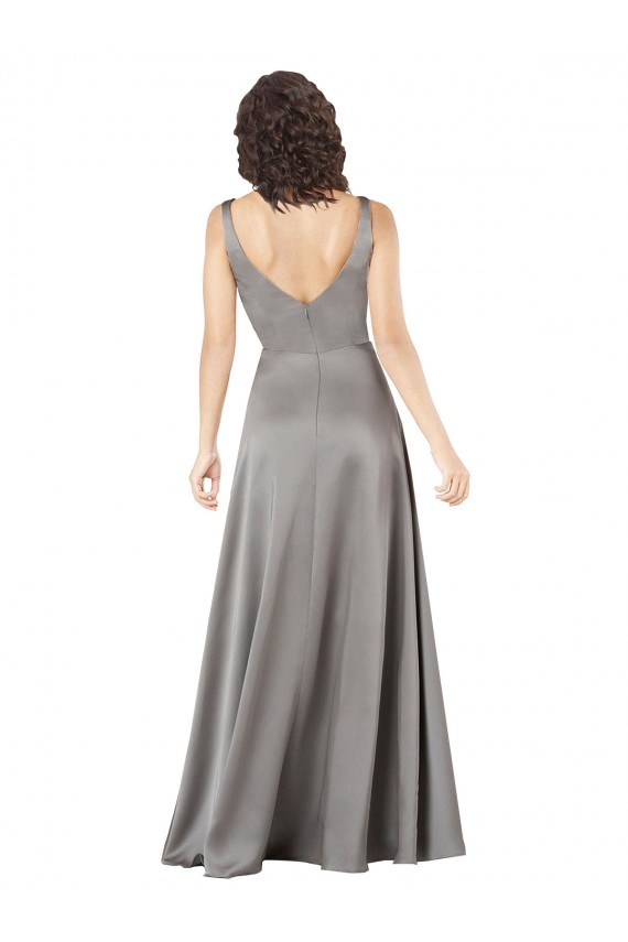 Affordable Silky Satin Pearl Grey A-Line V-Neck Long Evening Dress UK