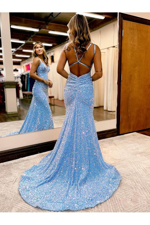 Affordable Velvet Sequin Periwinkle Sheath V-Neck Sweep Train Evening Dress UK
