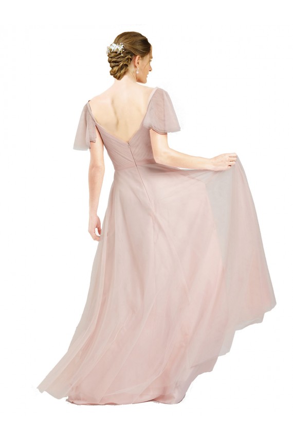 Affordable Tulle Pink A-Line V-Neck Long Semi Formal Evening Dress UK