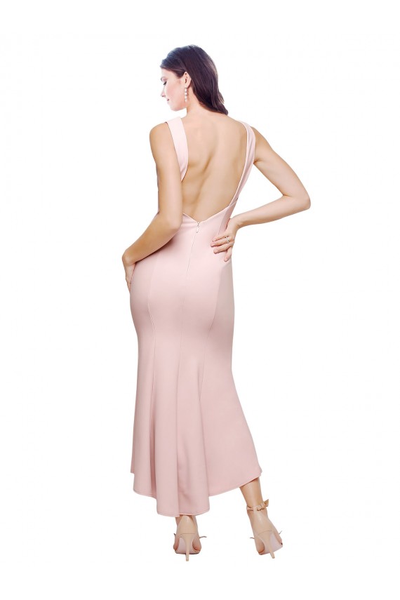 Affordable Stretch Crepe Pink Sheath High Neck Midi Length Wedding Party Dress UK
