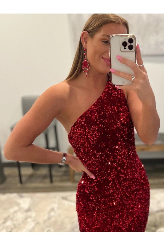 Affordable Velvet Sequin Pink Sheath One Shoulder Sweep Train Evening Dress UK