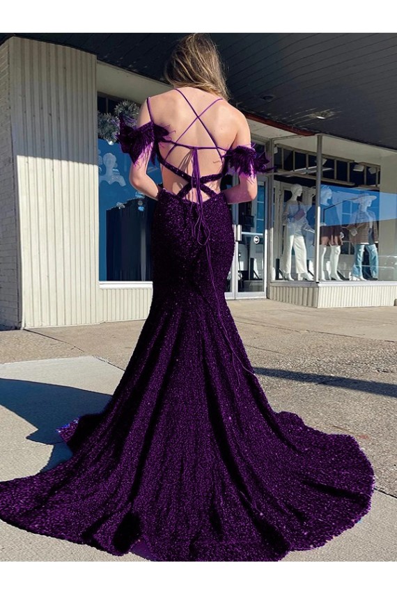 Affordable Velvet Sequin Plum Purple Sheath Spaghetti Straps Court Train Evening Dress UK