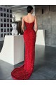 Affordable Velvet Sequin Red Sheath V-Neck Sweep Train Evening Dress UK