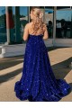 Affordable Velvet Sequin Royal Blue A-Line One Shoulder Sweep Train Evening Dress UK