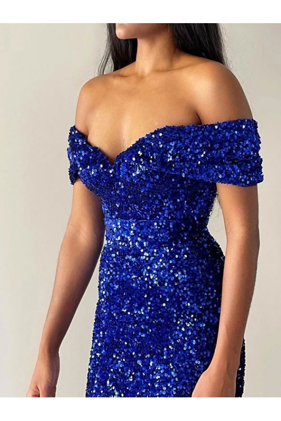 Affordable Velvet Sequin Royal Blue Mermaid Off the Shoulder Long Sweep Train Evening Dress UK