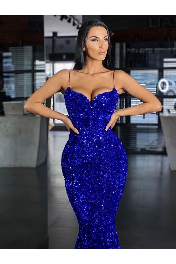 Affordable Velvet Sequin Royal Blue Mermaid Spaghetti Straps Sweep Train Evening Dresses UK