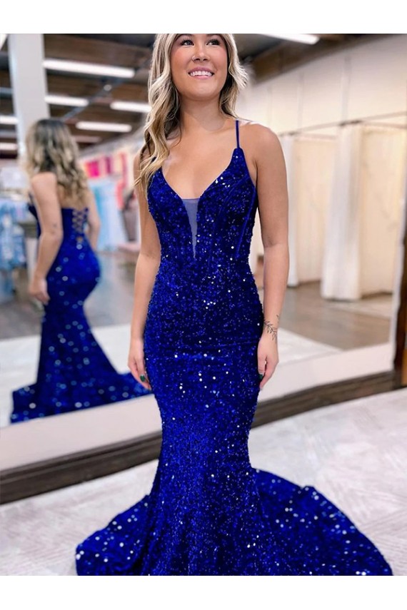 Affordable Velvet Sequin Royal Blue Mermaid V-Neck Court Train Evening Dress UK
