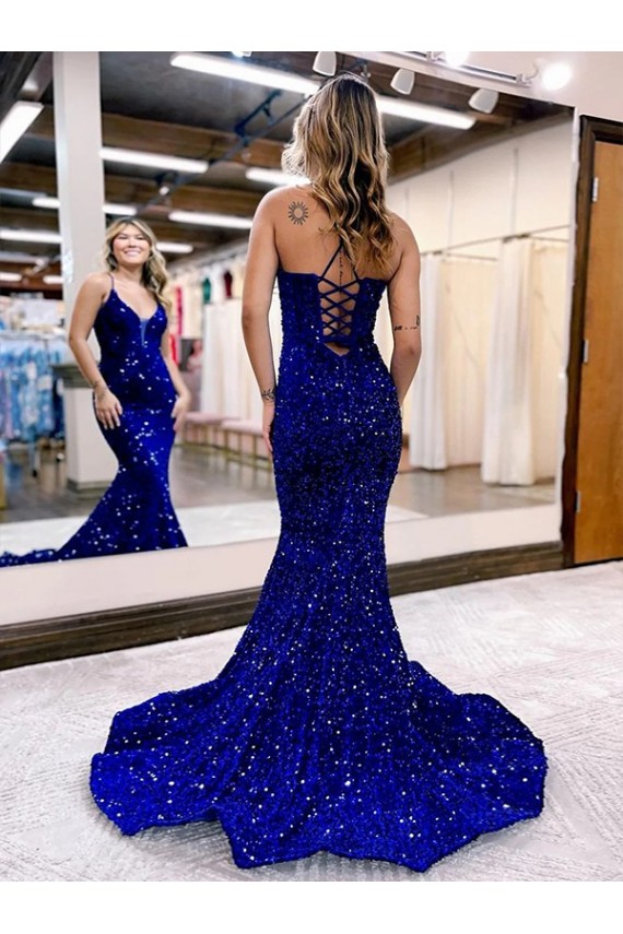 Affordable Velvet Sequin Royal Blue Mermaid V-Neck Court Train Evening Dress UK