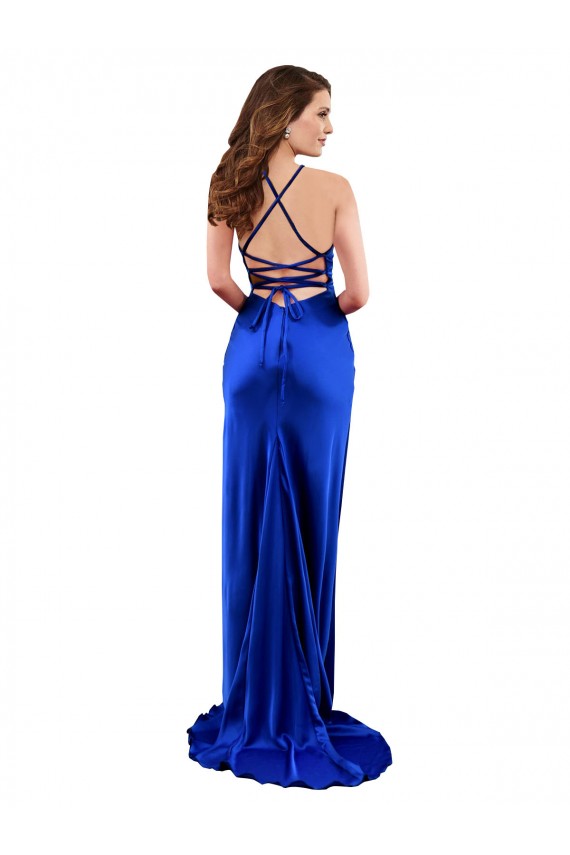 Affordable Silky Satin Royal Blue Sheath Cowl Neck Long Evening Dress UK