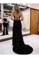 Affordable Velvet Sequin Royal Blue Sheath V-Neck Sweep Train Sexy Evening Dress UK