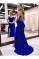 Affordable Velvet Sequin Royal Blue Sheath V-Neck Sweep Train Sexy Evening Dress UK