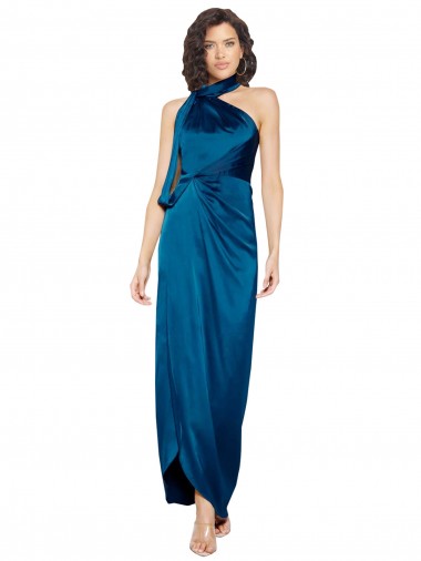 Affordable Silky Satin Peacock Blue Sheath Halter Neck Long Evening Dress UK