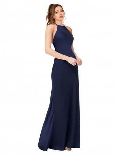 Affordable Silky Satin Sapphire Sheath High Neck Long Evening Dress UK