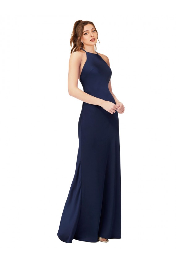 Affordable Silky Satin Sapphire Sheath High Neck Long Evening Dress UK