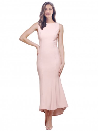 Affordable Stretch Crepe Pink Sheath High Neck Midi Length Wedding Party Dress UK
