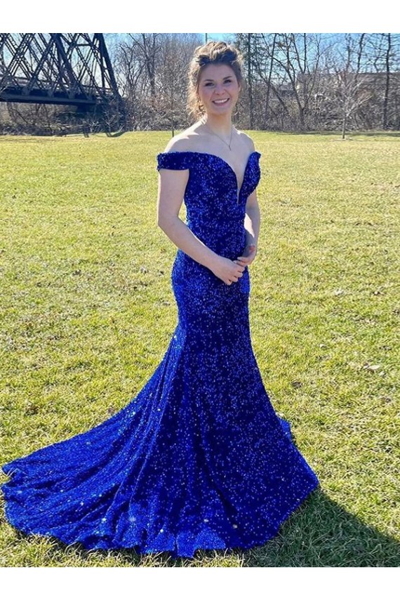 Affordable Velvet Sequin Royal Blue Sheath Off the Shoulder Sweep Train Evening Dress UK