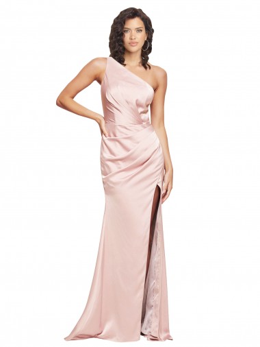 Affordable Silky Satin Pink Sheath One Shoulder Long Evening Dress UK