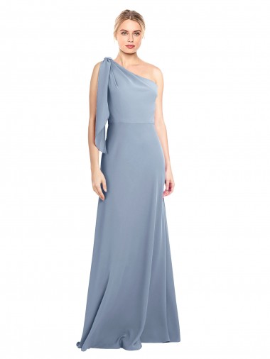 Affordable Stretch Crepe Smoke Blue Sheath One Shoulder Long Flutter Sleeves Evening Dress UK