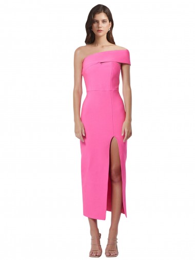 Affordable Stretch Crepe Fuchsia Sheath One Shoulder Midi Length Evening Dress UK