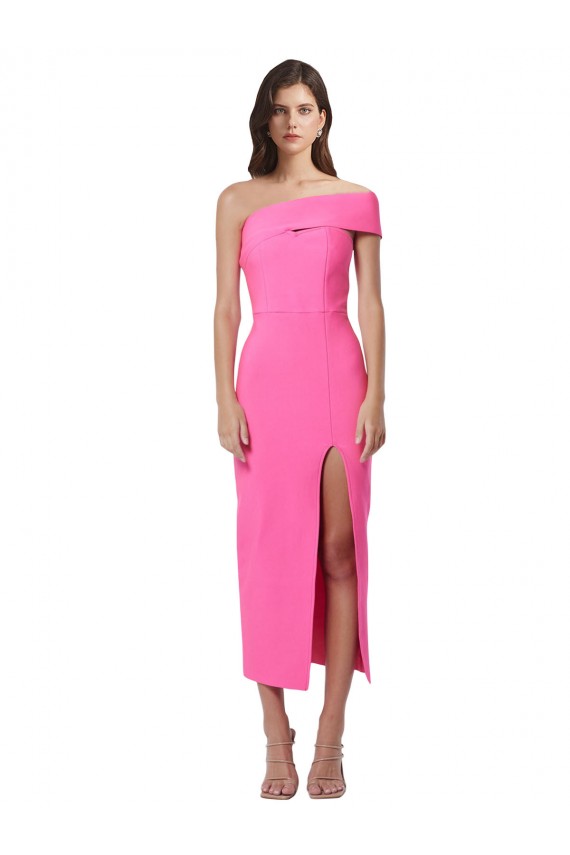 Affordable Stretch Crepe Fuchsia Sheath One Shoulder Midi Length Evening Dress UK