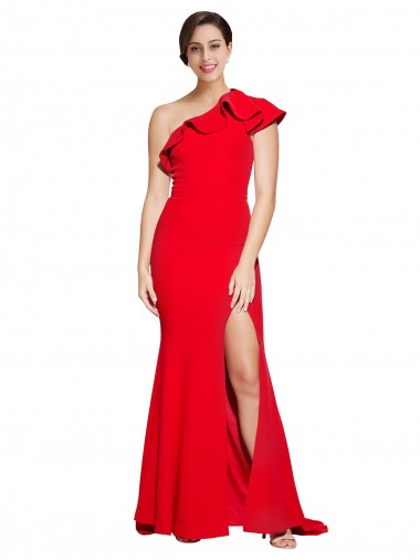 Affordable Stretch Crepe Red Sheath One Shoulder Sweep Train Semi Formal Evening Dress UK