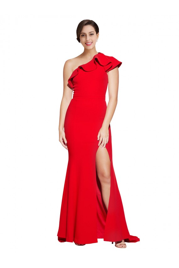 Affordable Stretch Crepe Red Sheath One Shoulder Sweep Train Semi Formal Evening Dress UK