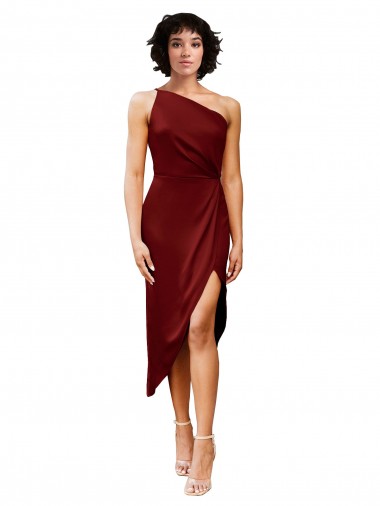 Affordable Stretch Satin Burgundy Sheath One Shoulder Midi Length Evening Dress UK