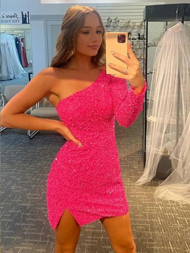 Affordable Velvet Sequin Sheath One Shoulder Short Short Homecoming Dress UK
