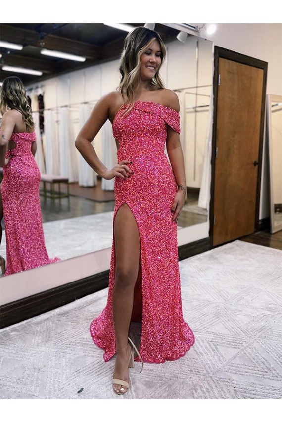 Affordable Velvet Sequin Fuchsia Sheath One Shoulder Sweep Train Sexy Evening Dress UK