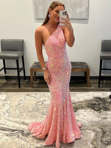 Affordable Velvet Sequin Pink Sheath One Shoulder Sweep Train Evening Dress UK