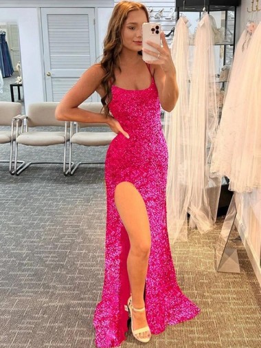 Affordable Velvet Sequin Fuchsia Sheath Spaghetti Straps Sweep Train Evening Dress UK